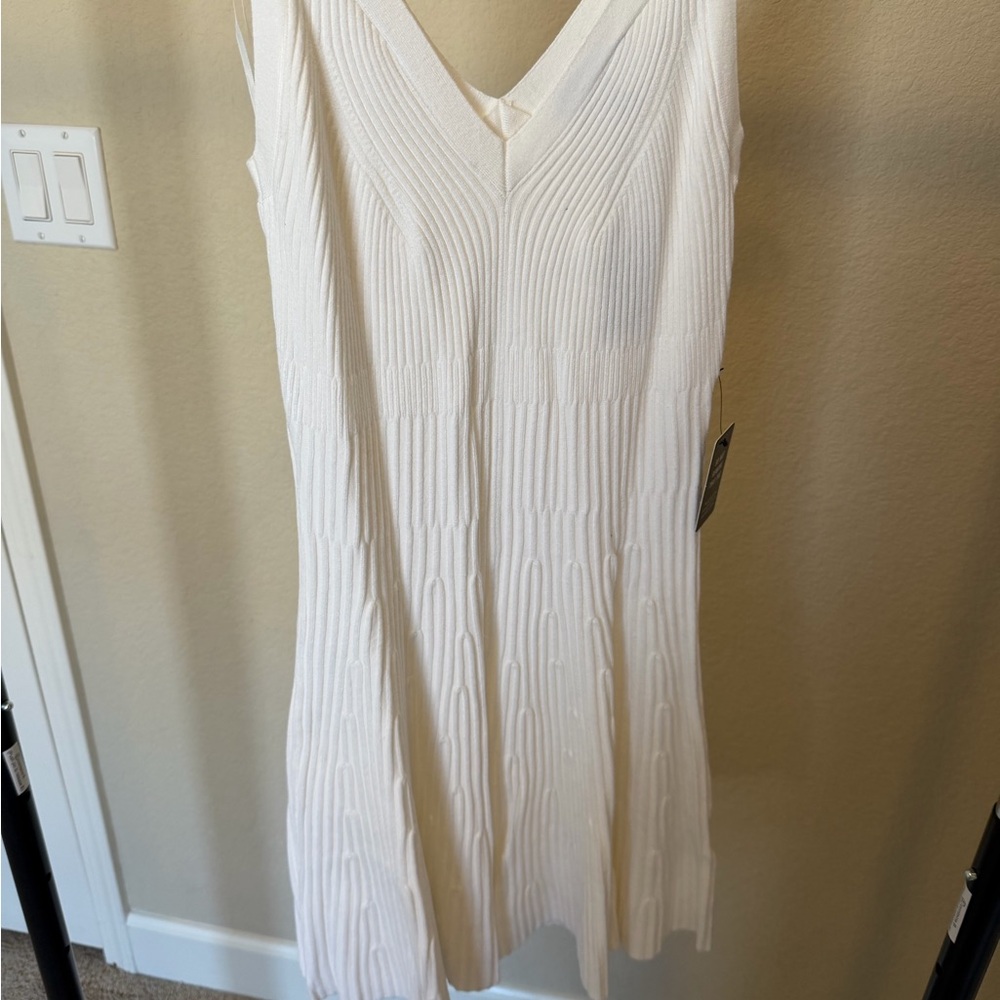 Express Ivory V‑Neck Ribbed Knit Mini Dress